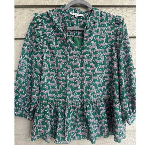 Joy Joy Blouse XS--Green & Pink Zebra Print Peplum Ruffle Long Sleeve Top - Picture 1 of 7